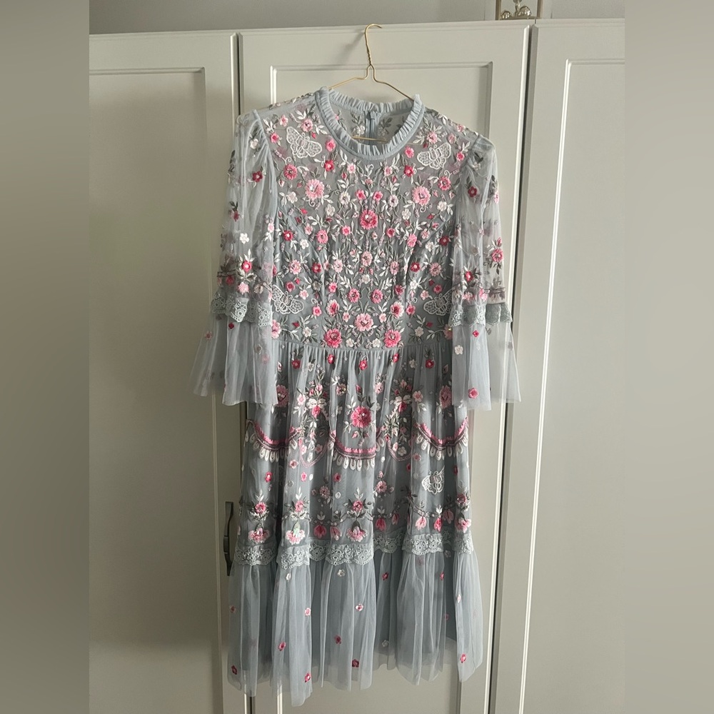 Needle & Thread Butterfly Meadow Embroidered Tulle Dress In Blue.